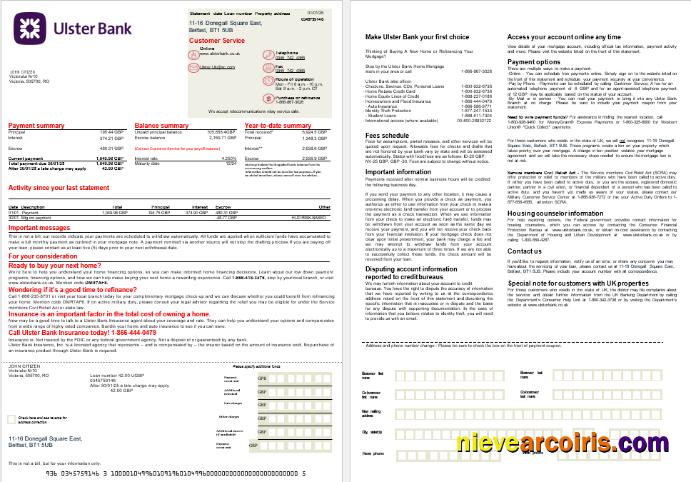 UK Ulster Bank mortgage statement, 2 pages